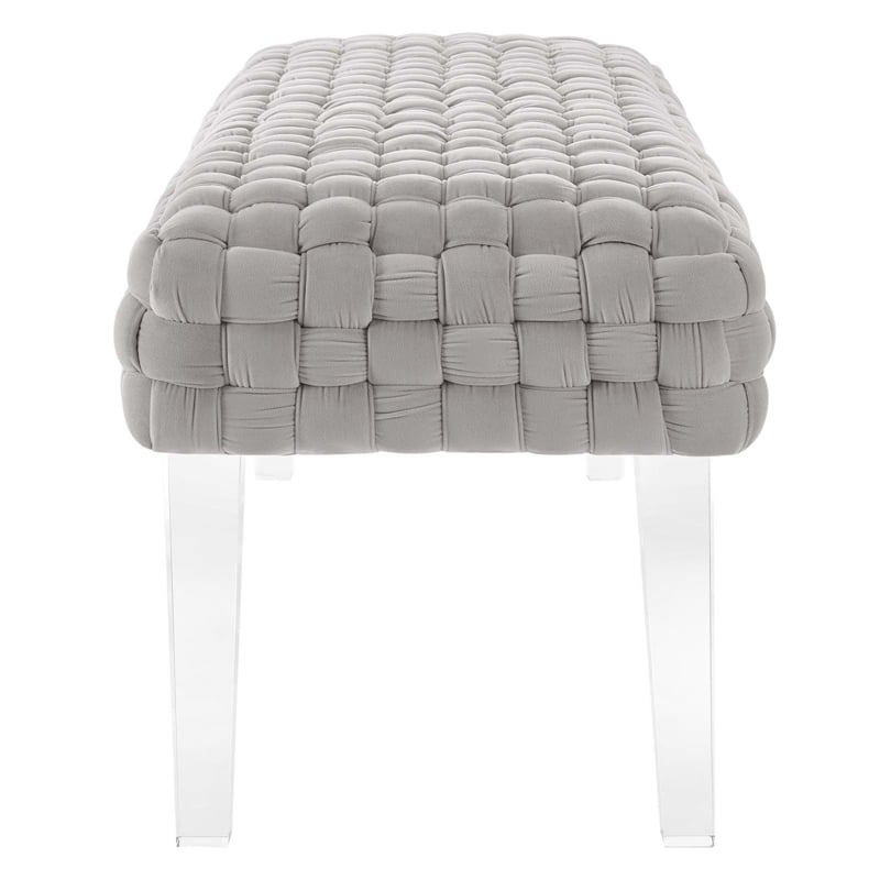 Pemberly Row Velvet Woven Ottoman with Acrylic Legs in Light Gray