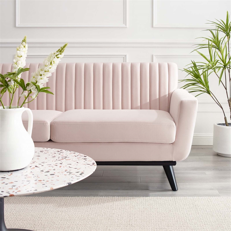 Pemberly Row Channel Tufted Performance Velvet Loveseat in Pink