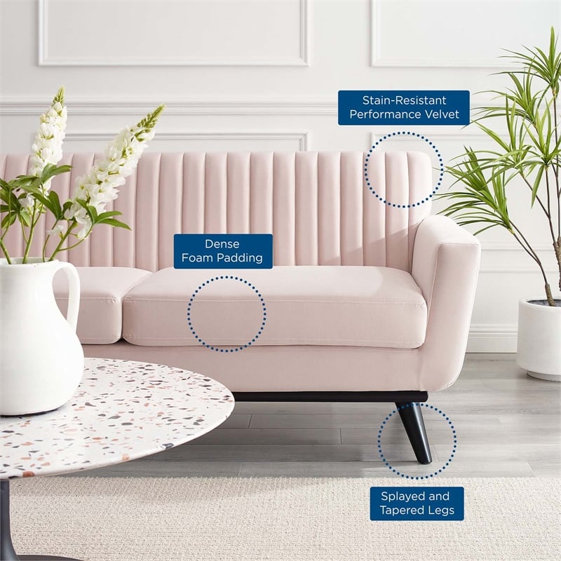 Pemberly Row Channel Tufted Performance Velvet Loveseat in Pink
