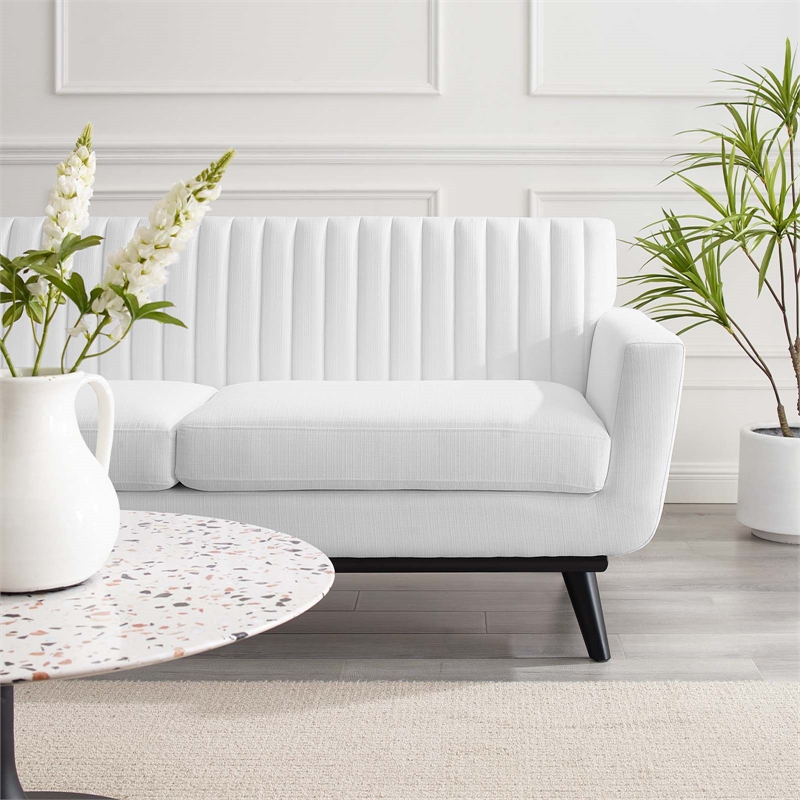 Pemberly Row Channel Tufted Polyester Fabric Loveseat in White