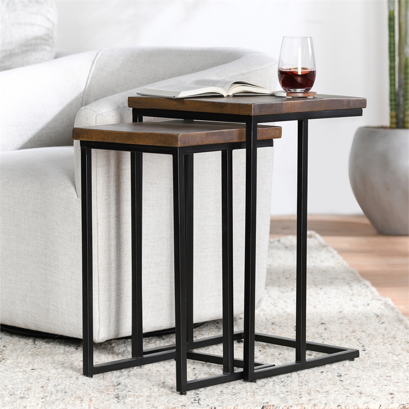 Pemberly Row Mango Wood and Iron Nesting Tables in Mahogany and Black