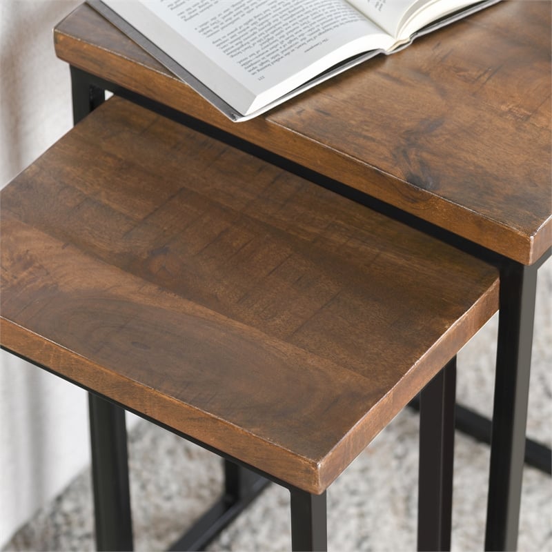 Pemberly Row Mango Wood and Iron Nesting Tables in Mahogany and Black
