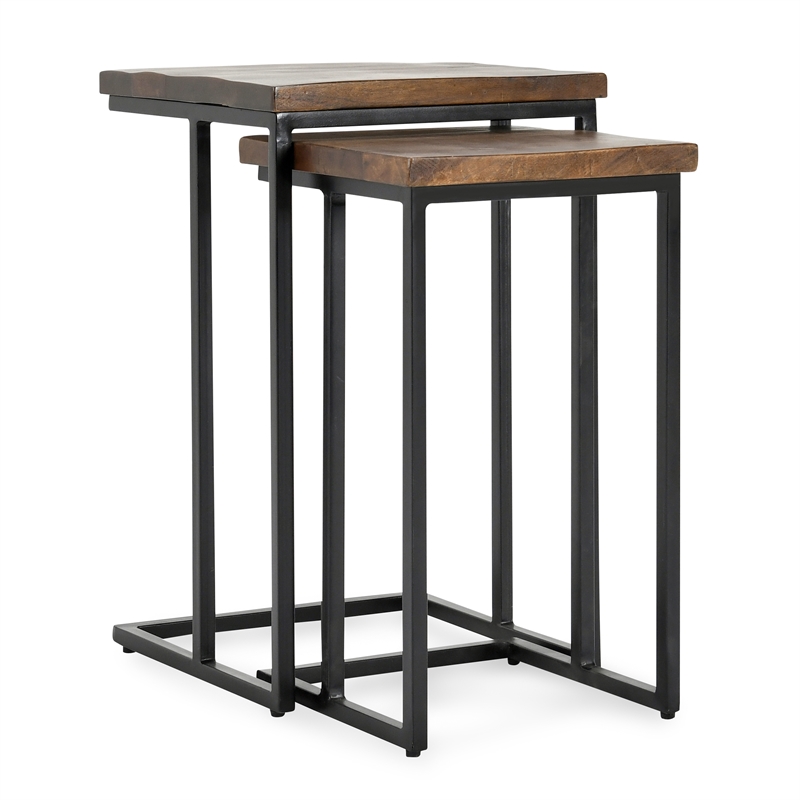 Pemberly Row Mango Wood and Iron Nesting Tables in Mahogany and Black