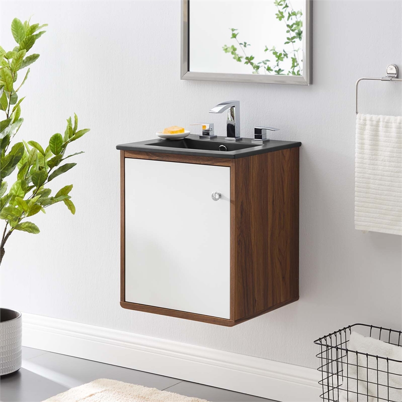 Pemberly Row 17.5 in Wall-Mount Wood Bathroom Vanity in Walnut and White