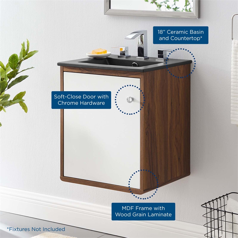Pemberly Row 17.5 in Wall-Mount Wood Bathroom Vanity in Walnut and White