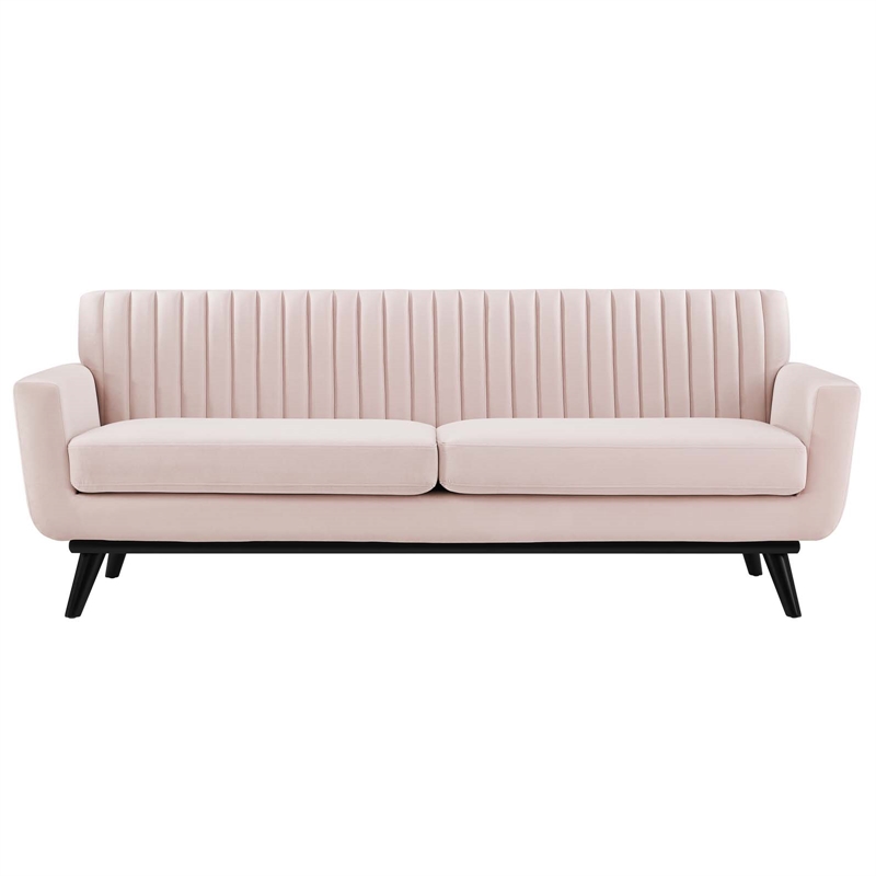 Pemberly Row Modern Channel Tufted Velvet Sofa in Pink Upholstery