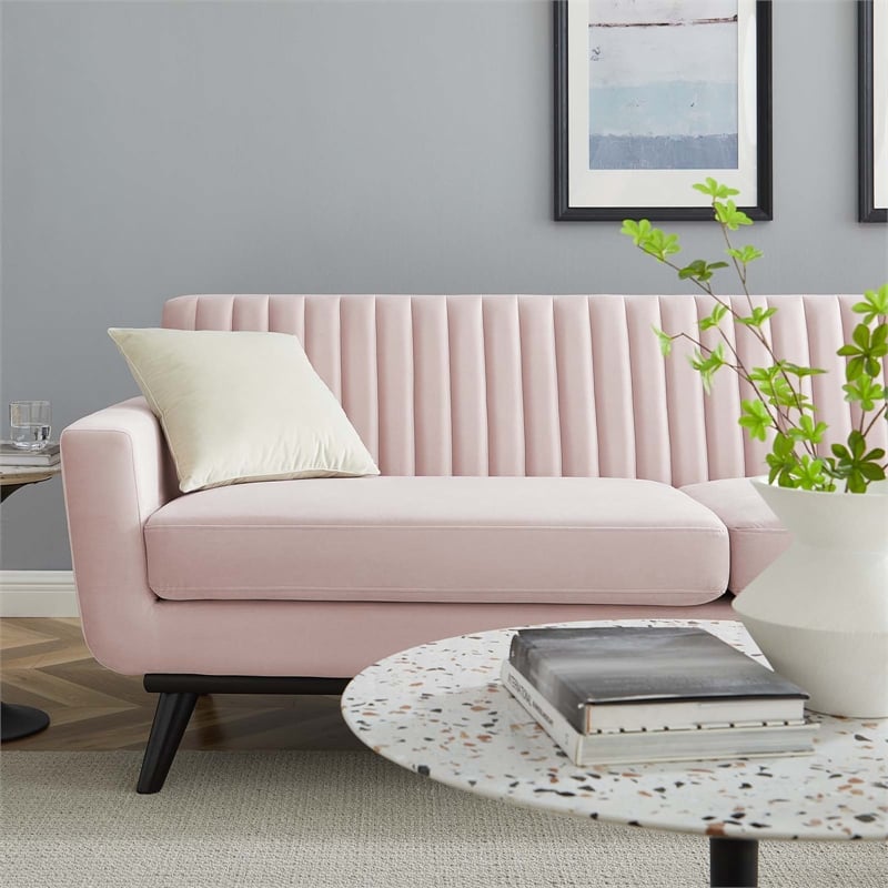 Pemberly Row Modern Channel Tufted Velvet Sofa in Pink Upholstery