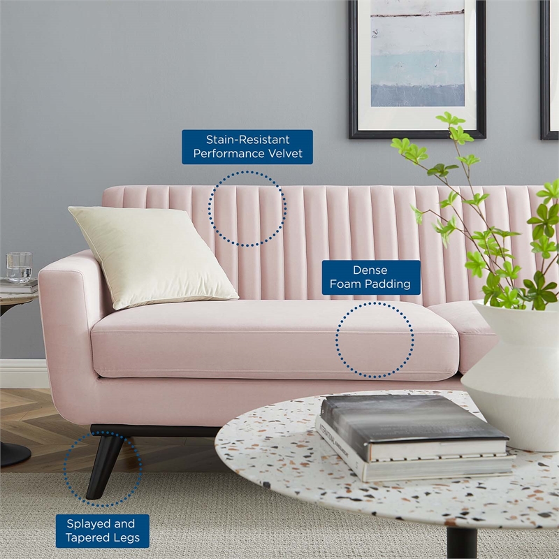 Pemberly Row Modern Channel Tufted Velvet Sofa in Pink Upholstery