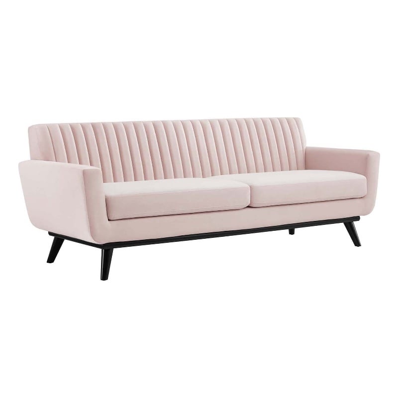Pemberly Row Modern Channel Tufted Velvet Sofa in Pink Upholstery
