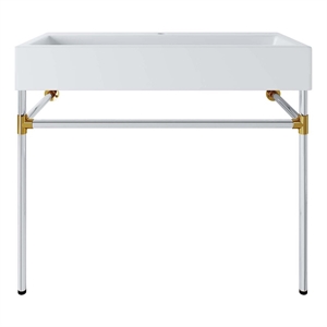 Pemberly Row 40&quot Wall-Mount Stainless Steel Bathroom Vanity in Silver and White