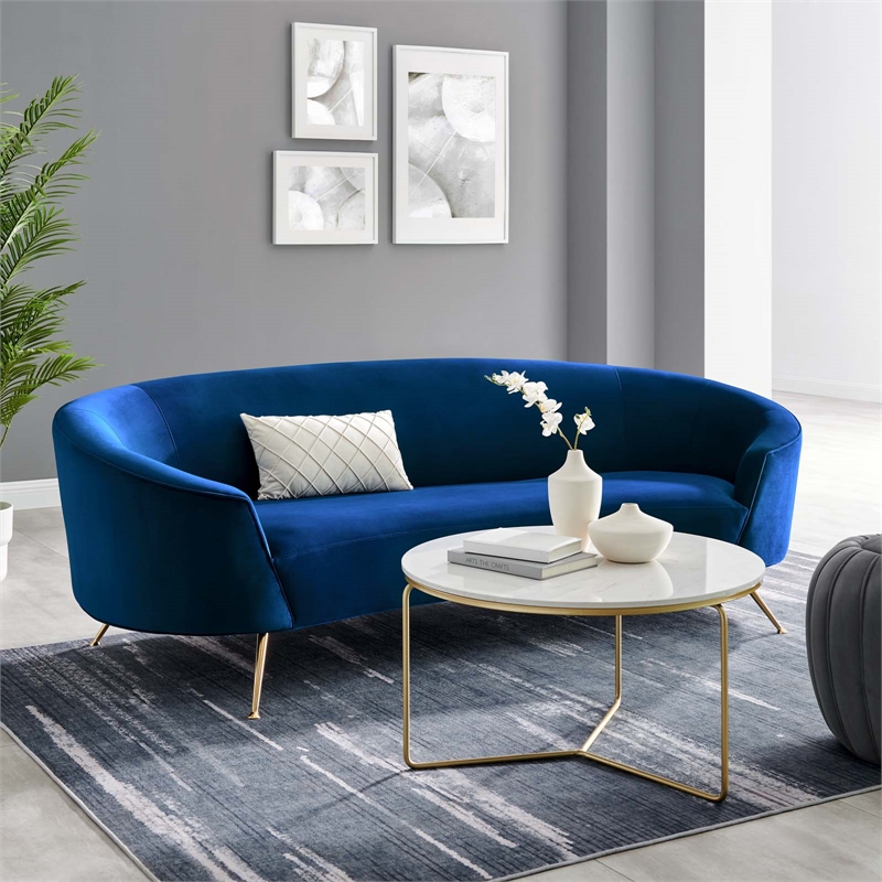 Pemberly Row Performance Velvet Sofa in Navy with Gold Legs