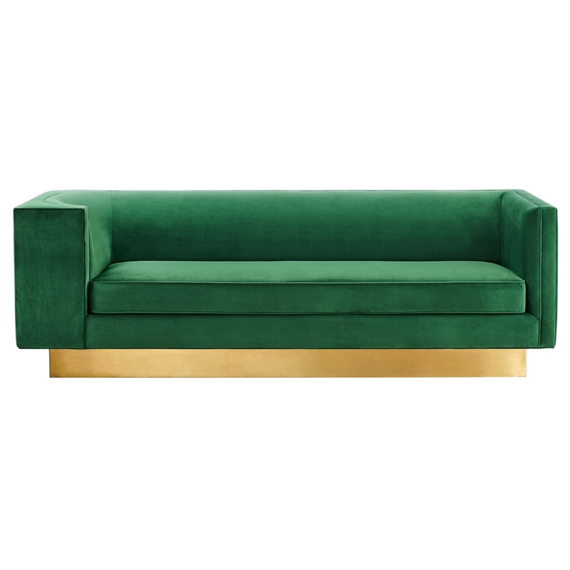 Pemberly Row Performance Velvet Sofa in Emerald with Gold Legs