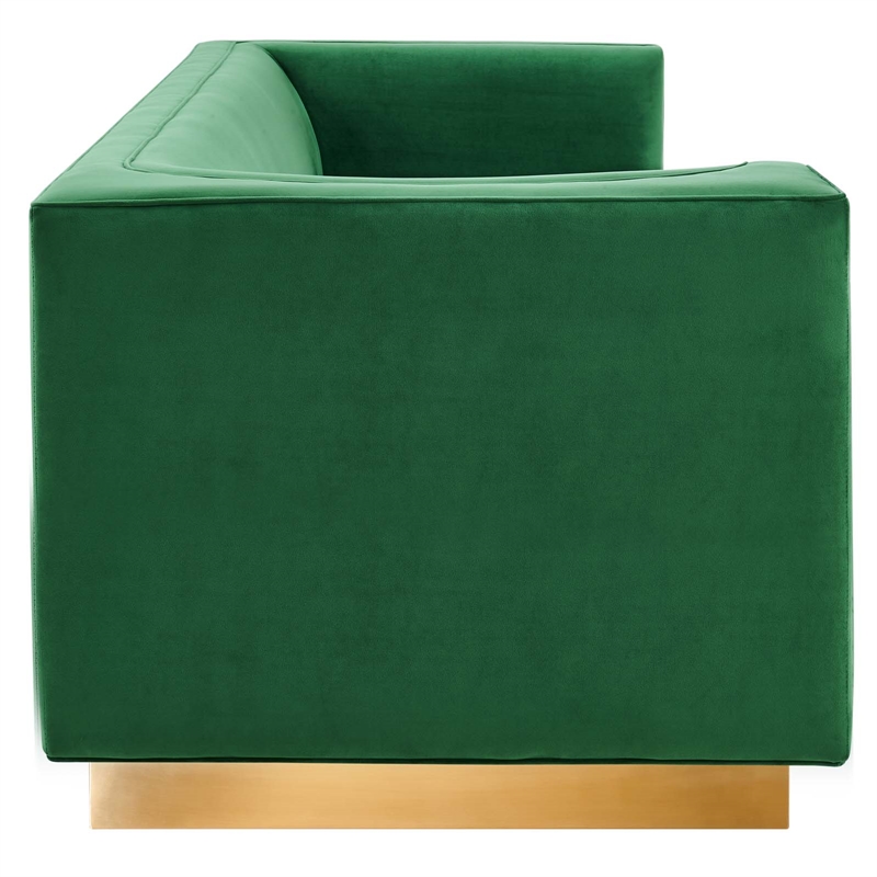 Pemberly Row Performance Velvet Sofa in Emerald with Gold Legs