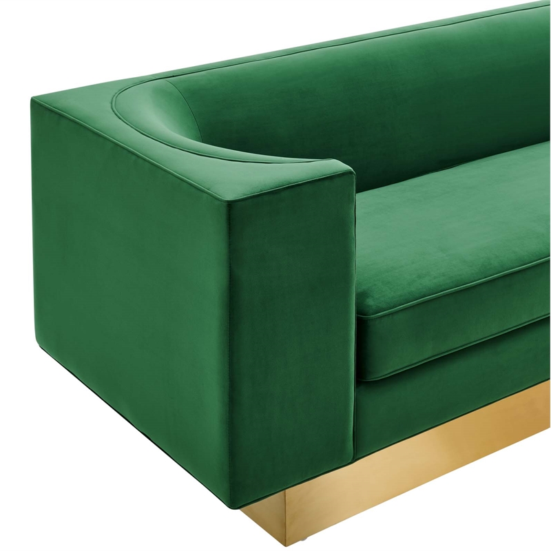 Pemberly Row Performance Velvet Sofa in Emerald with Gold Legs