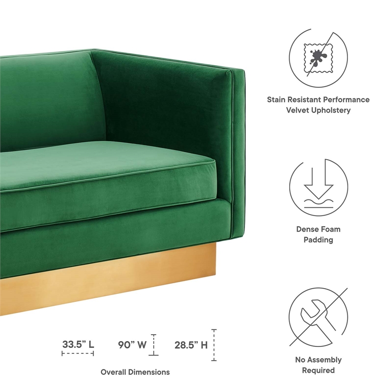 Pemberly Row Performance Velvet Sofa in Emerald with Gold Legs