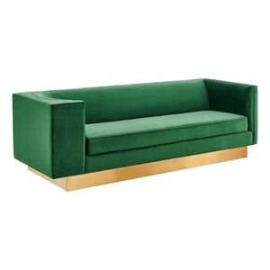 Pemberly Row Performance Velvet Sofa in Emerald with Gold Legs