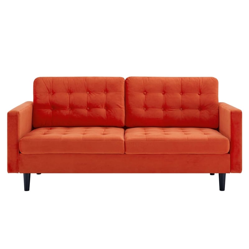 Pemberly Row Tufted Velvet Sofa in Orange with Black Legs