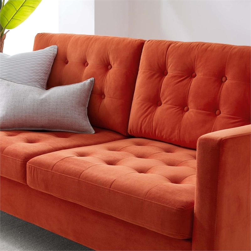 Pemberly Row Tufted Velvet Sofa in Orange with Black Legs