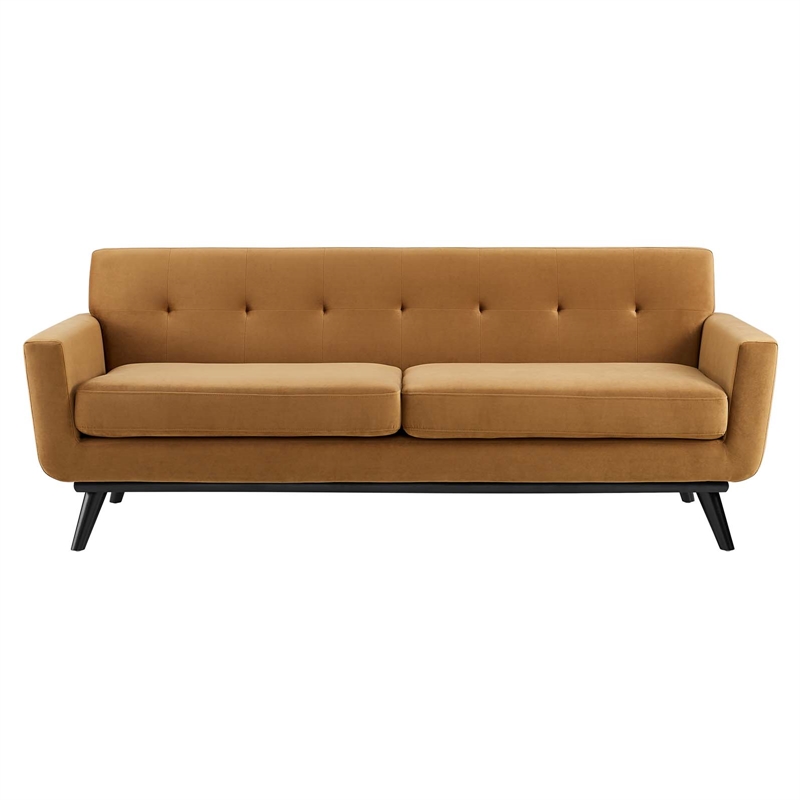 Pemberly Row Modern Velvet Sofa with Tufted Back in Cognac Brown