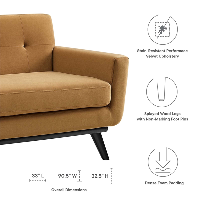 Pemberly Row Modern Velvet Sofa with Tufted Back in Cognac Brown