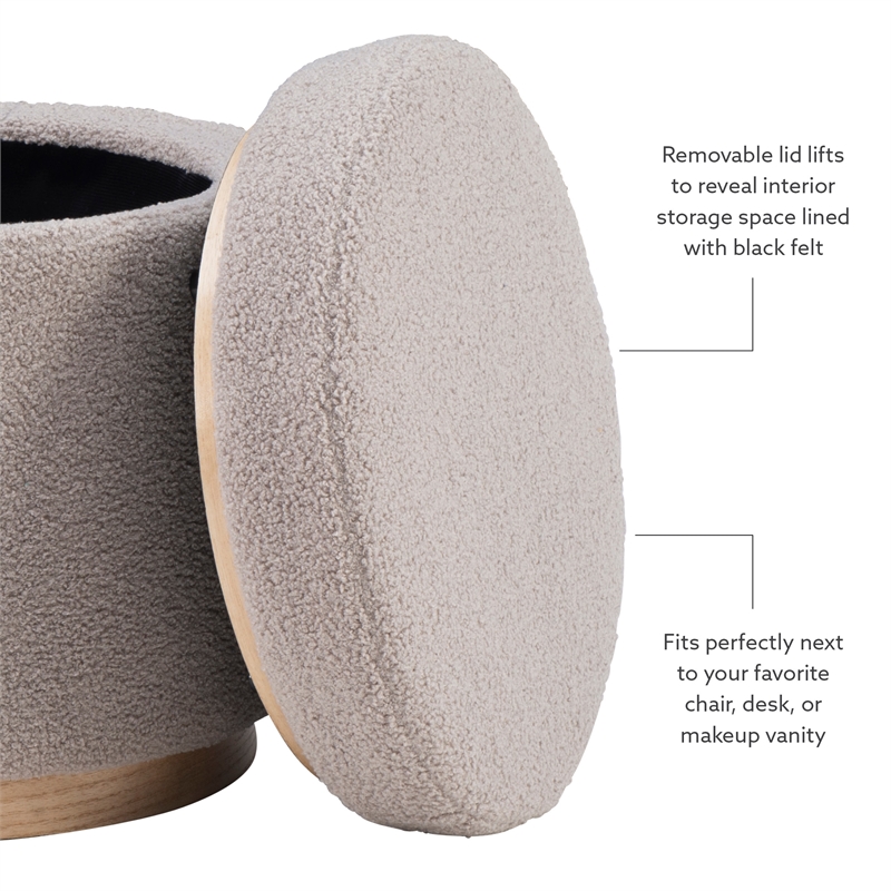 Pemberly Row Round Storage Ottoman in Sherpa Gray Fabric