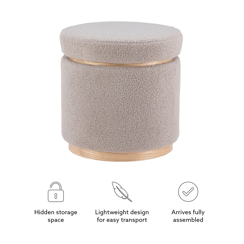 Pemberly Row Round Storage Ottoman in Sherpa Gray Fabric