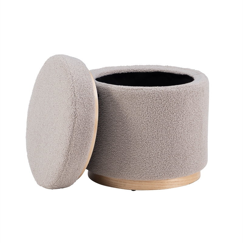 Pemberly Row Round Storage Ottoman in Sherpa Gray Fabric