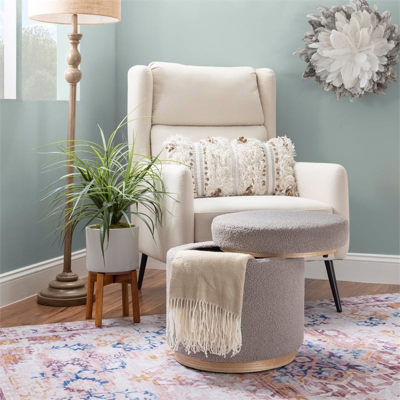 Pemberly Row Round Storage Ottoman in Sherpa Gray Fabric