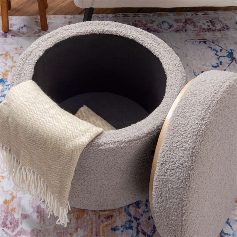 Pemberly Row Round Storage Ottoman in Sherpa Gray Fabric