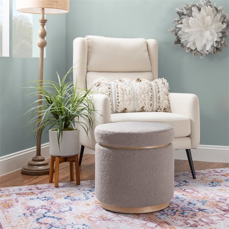 Pemberly Row Round Storage Ottoman in Sherpa Gray Fabric