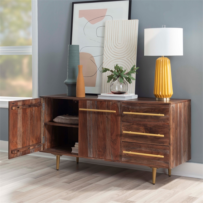 Pemberly Row Acacia Wood Console Table with Drawers in Brown