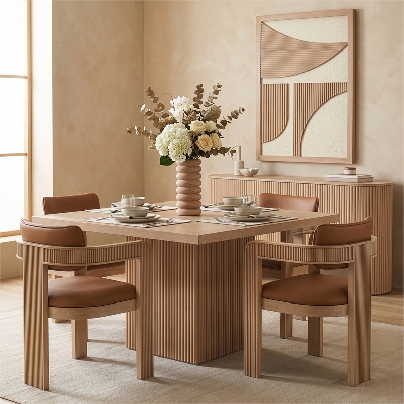Pemberly Row Solid Wood and Oak Veneer Square Dining Table in Natural Finish