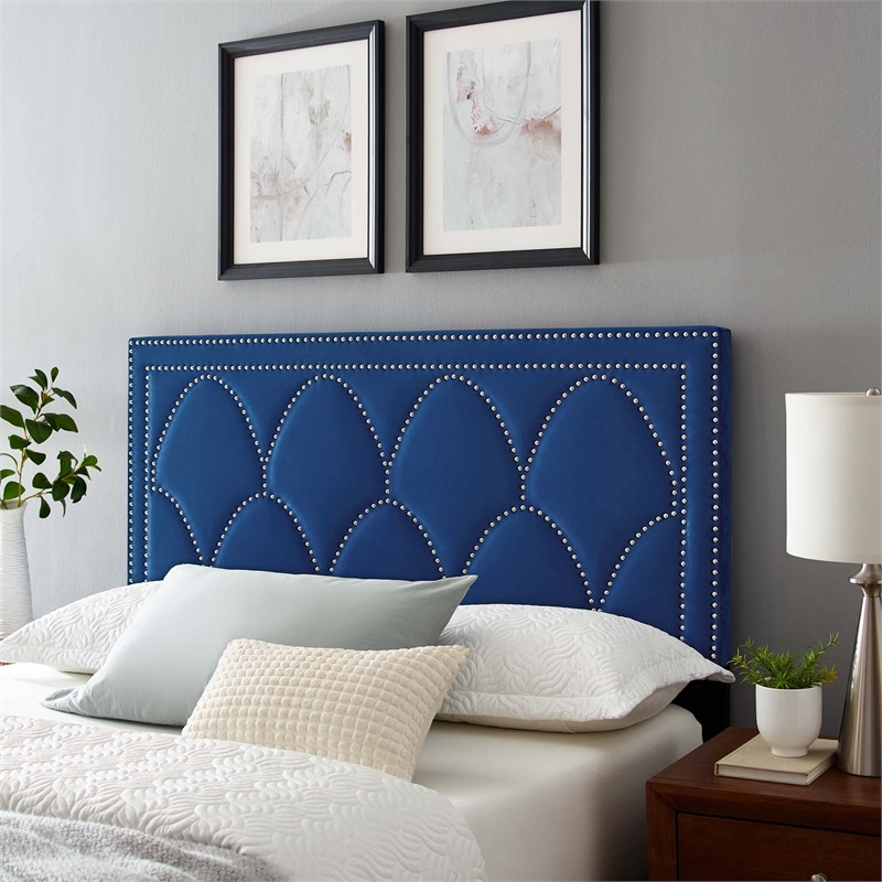 Pemberly Row Modern Velvet Twin Headboard in Navy with Nailhead Detail