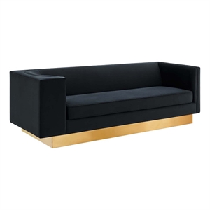 Pemberly Row Modern Black/Gold Velvet Upholstered Sofa with Stainless Steel