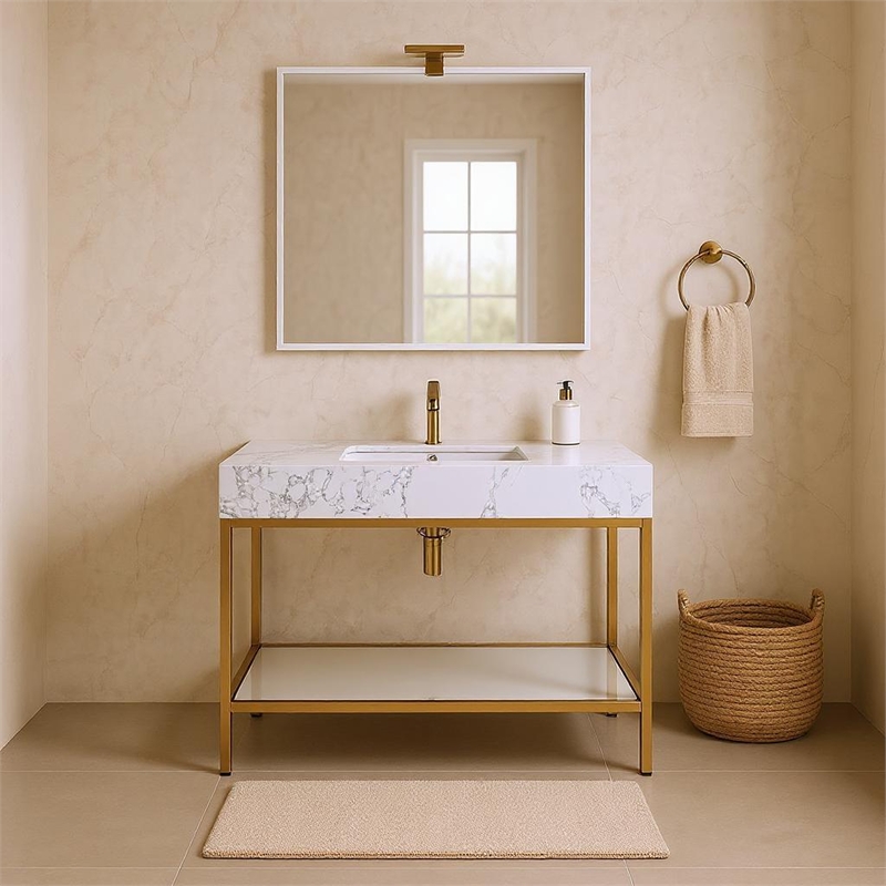 Pemberly Row 48-Inch White Engineered Stone Vanity with Brass Steel Base