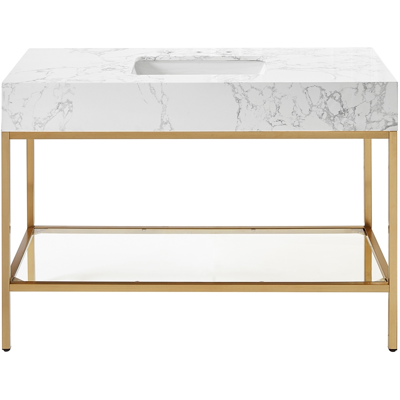 Pemberly Row 48-Inch White Engineered Stone Vanity with Brass Steel Base