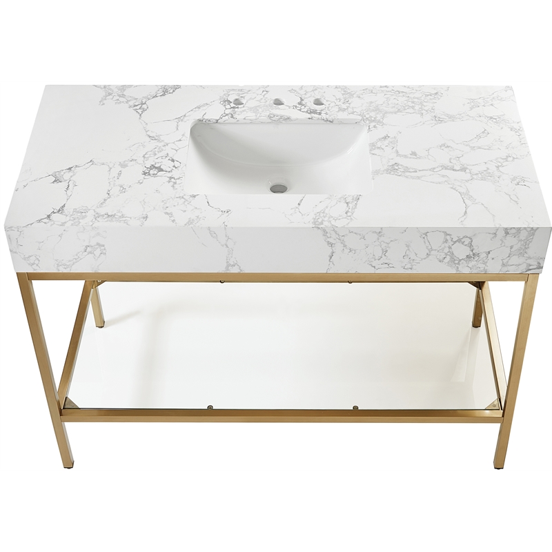 Pemberly Row 48-Inch White Engineered Stone Vanity with Brass Steel Base