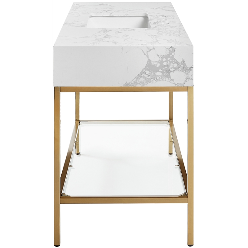 Pemberly Row 48-Inch White Engineered Stone Vanity with Brass Steel Base
