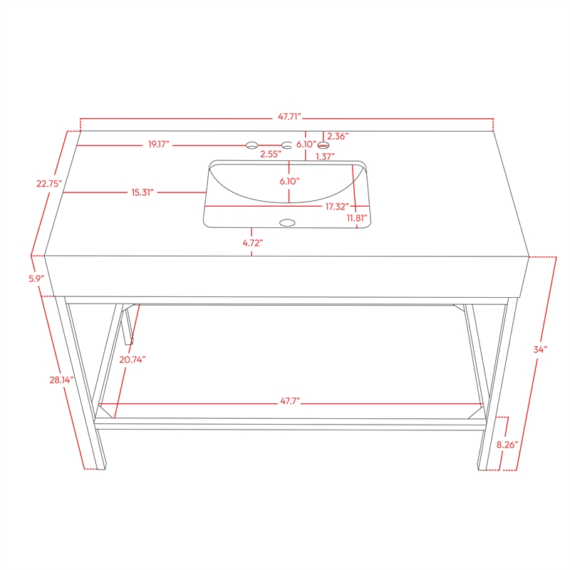 Pemberly Row 48-Inch White Engineered Stone Vanity with Brass Steel Base