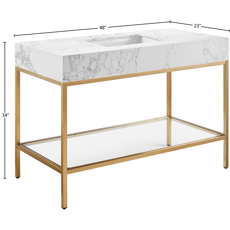 Pemberly Row 48-Inch White Engineered Stone Vanity with Brass Steel Base