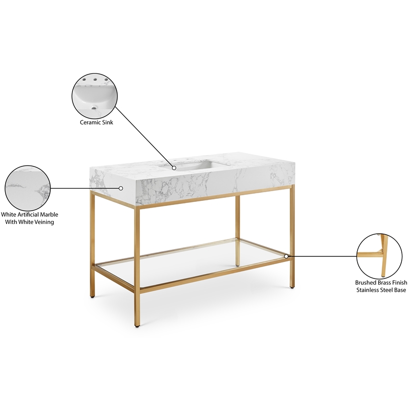 Pemberly Row 48-Inch White Engineered Stone Vanity with Brass Steel Base