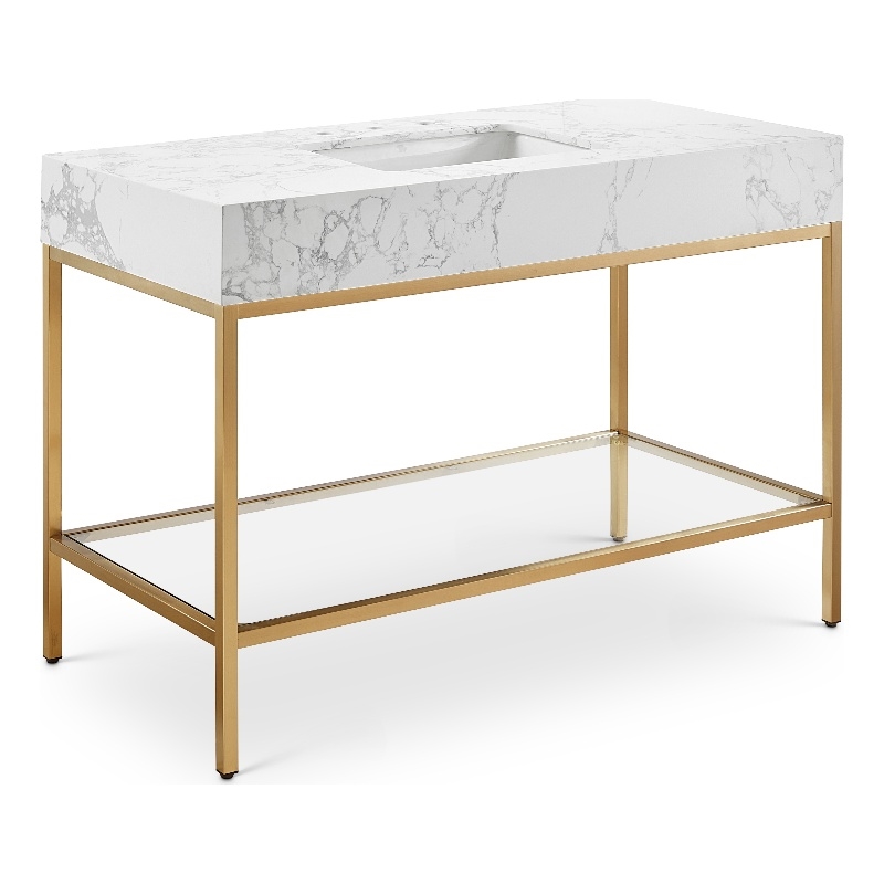 Pemberly Row 48-Inch White Engineered Stone Vanity with Brass Steel Base