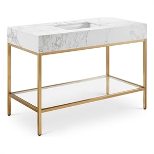 Pemberly Row 48-Inch White Engineered Stone Vanity with Brass Steel Base