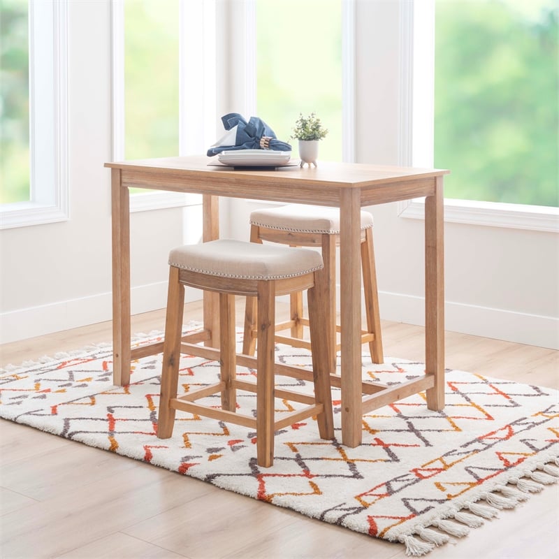 Pemberly Row 3-Piece Counter Dining Set Padded Seats Natural Brown Wood