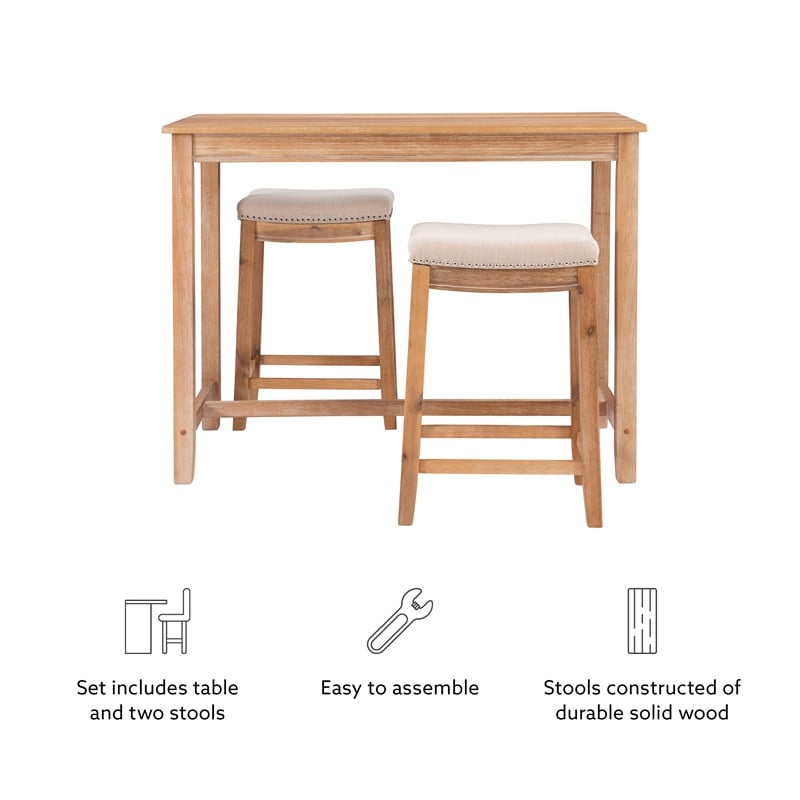 Pemberly Row 3-Piece Counter Dining Set Padded Seats Natural Brown Wood