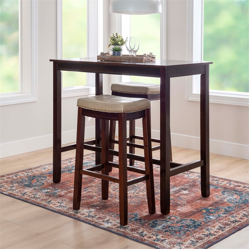 Pemberly Row 3-Piece Bar Dining Set Beige Faux Leather Seats Brown Wood