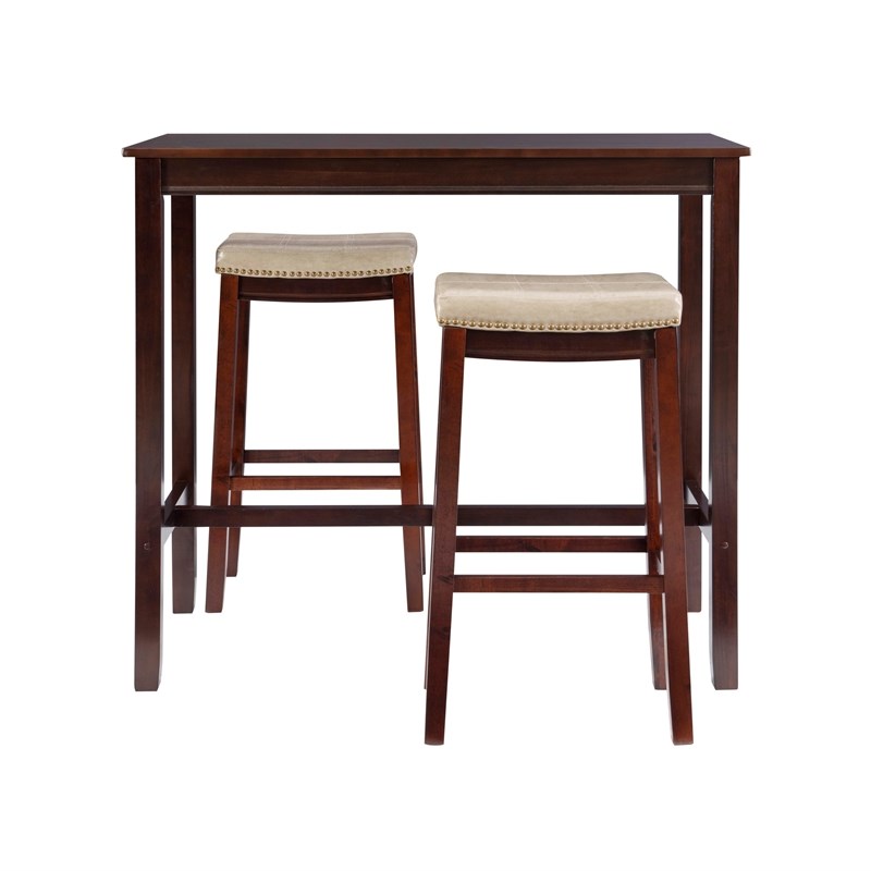 Pemberly Row 3-Piece Bar Dining Set Beige Faux Leather Seats Brown Wood