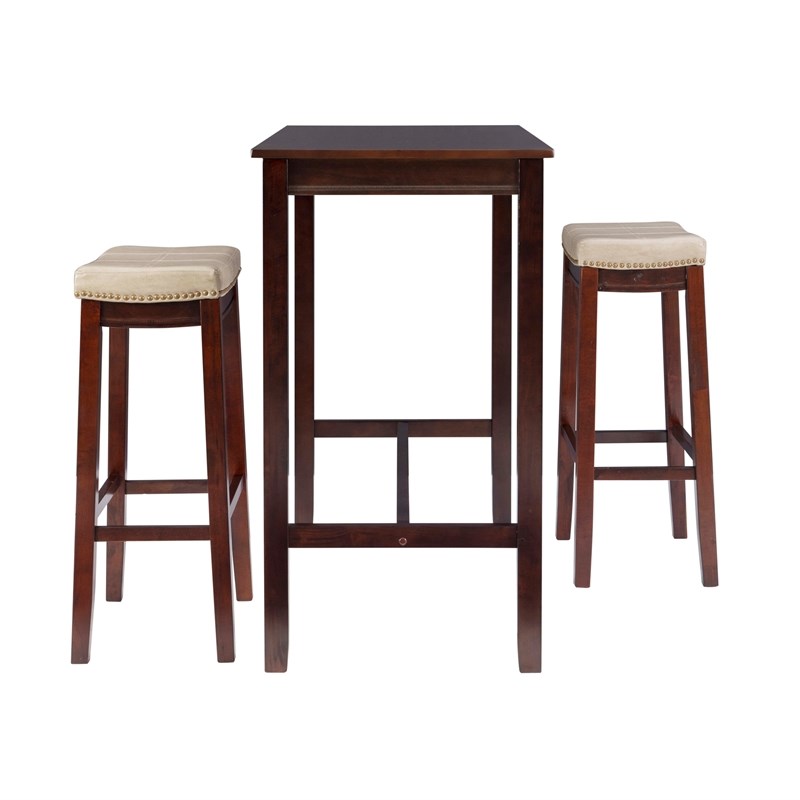 Pemberly Row 3-Piece Bar Dining Set Beige Faux Leather Seats Brown Wood