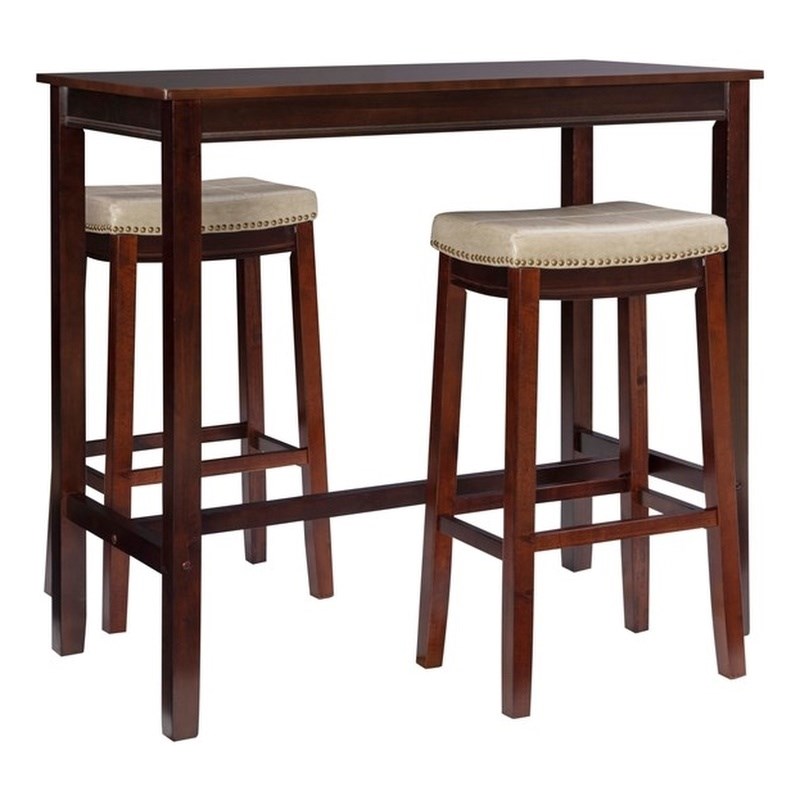 Pemberly Row 3-Piece Bar Dining Set Beige Faux Leather Seats Brown Wood