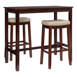 Pemberly Row 3-Piece Bar Dining Set Beige Faux Leather Seats Brown Wood